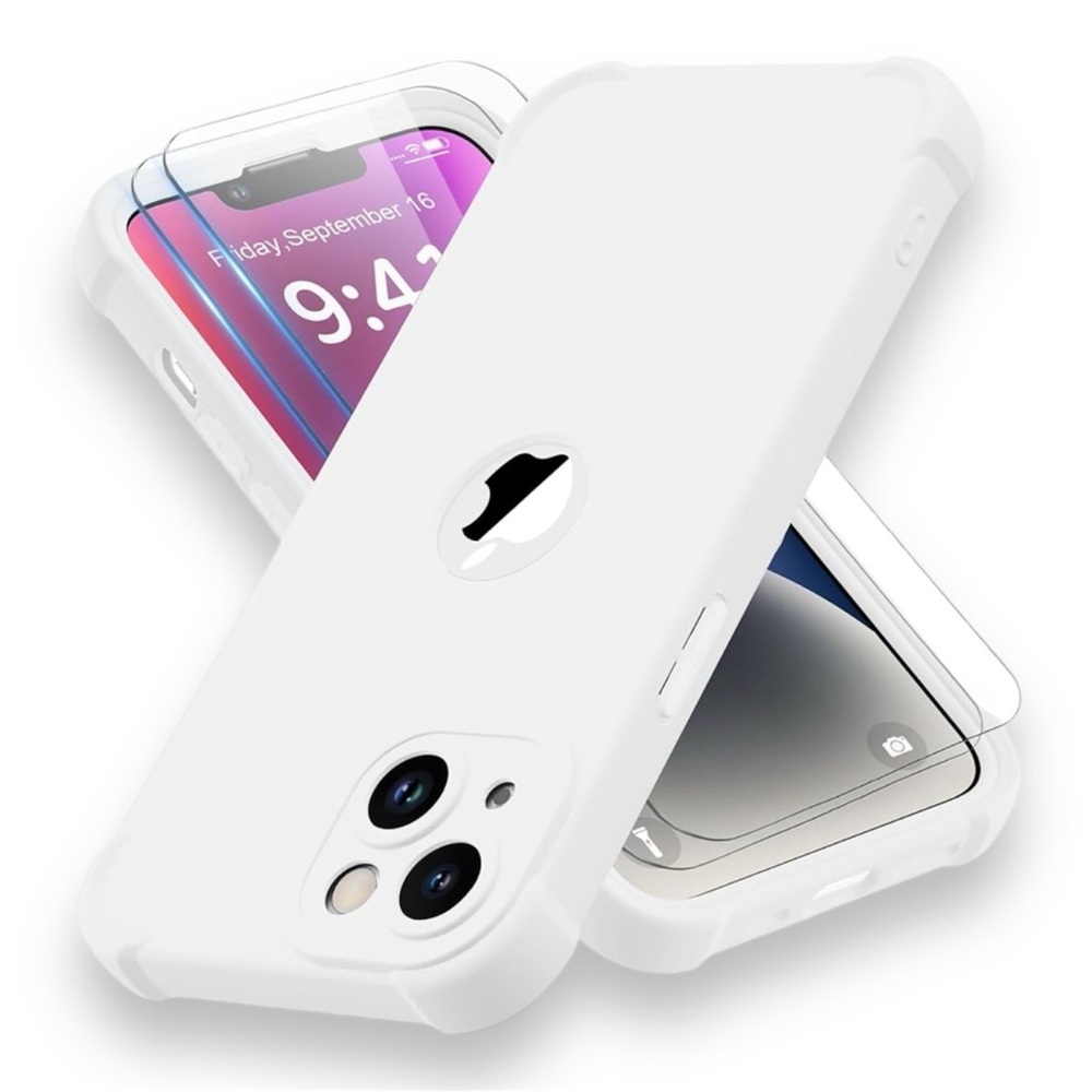 IP 14/15 Plus Heavy Duty, 2 pc Toughness Tempered Glass, Slim White Phone Case